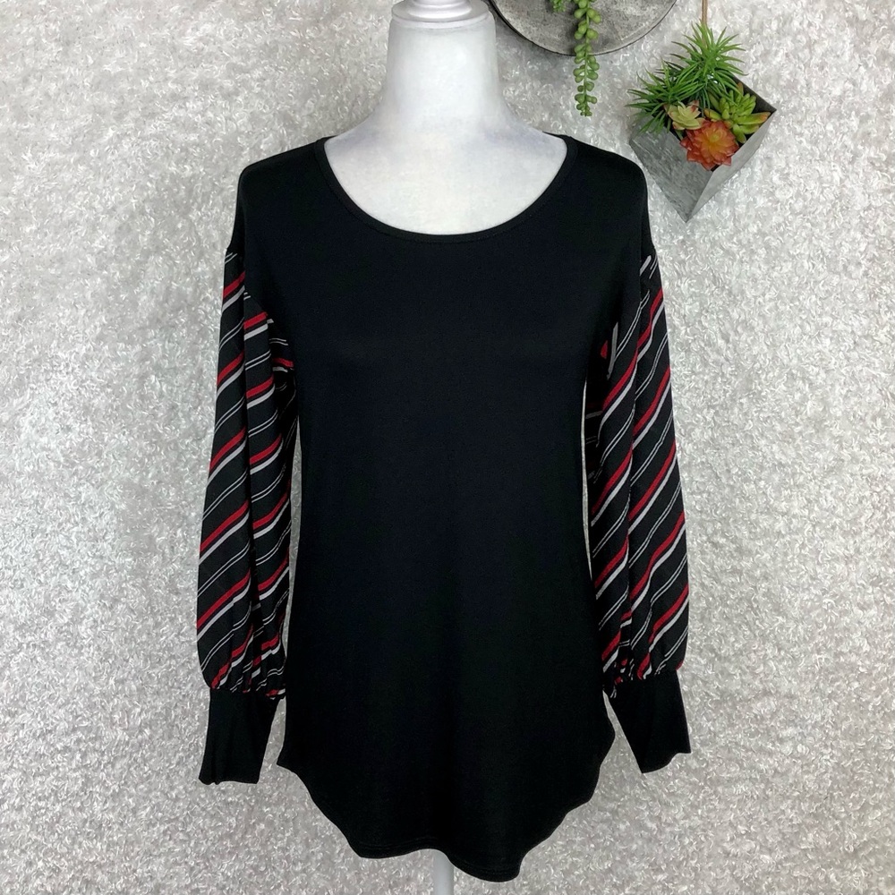 New Bombom Mixed Media Striped Balloon Sleeve Raglan Tunic Size S